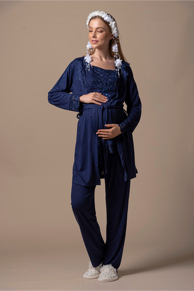 ByLohusa Effortt Navy Blue Maternity Pajama Set with Dressing Gown