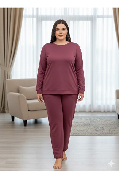 FAMESTEKSTİL Two Thread Large Size Dark Pink Tracksuit Set