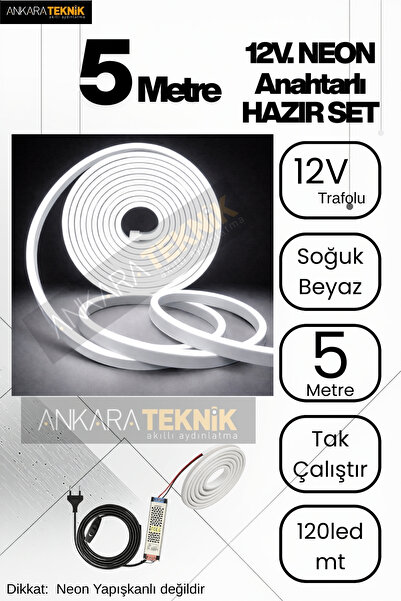 ankarateknik Soğuk Beyaz Neon LED Şerit 5 Metre Anahtarlı Tak Çalıştır Adaptörlü