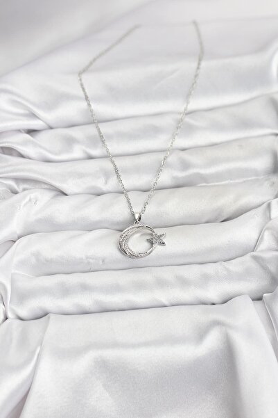 Lisinya 316L Çelik Zincir Gümüş Renk Ay Yıldız Model Zirkon Taşlı Kadın Kolye -