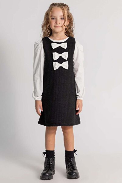 Magu Girl's Cotton Black Bow Detailed Dress