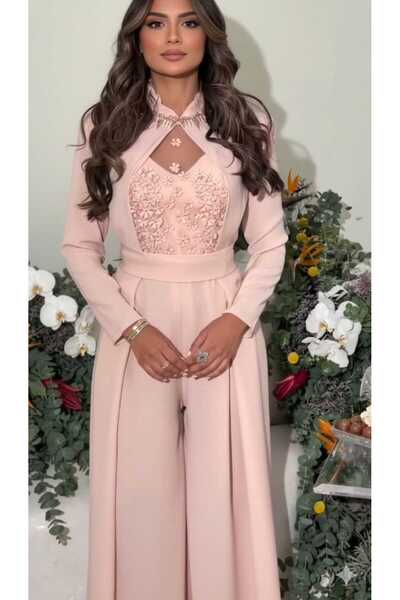 REVE Elegant pink jumpsuit with floral embroidery, high neck, and royal wide ...