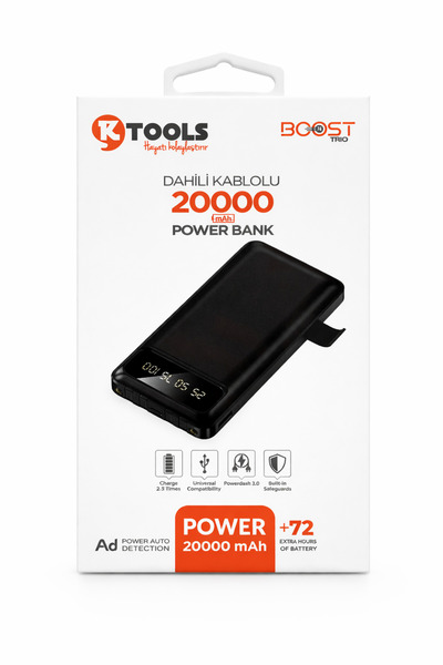 KtooIs Ktools 20.000 mAh POWERBANK - EL FENERLİ - DAHİLİ KABLOLU