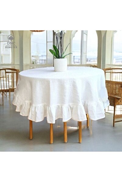 DNC HOMETEX Premium Keten Beyaz Yuvarlak Fırfırlı Masa Örtüsü