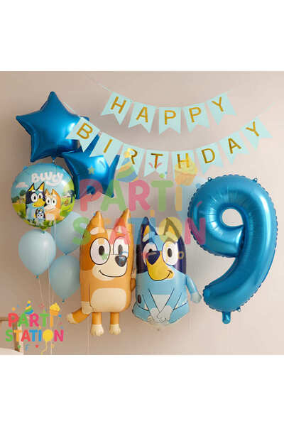 Parti Station Bluey ve Chilli Temalı 9 Yaş Folyo Balon Seti – Rakam Balonlu v...