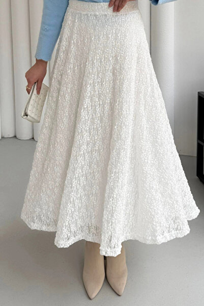 DEFNECE BUTİK Elastic Waist Guipure Skirt - White