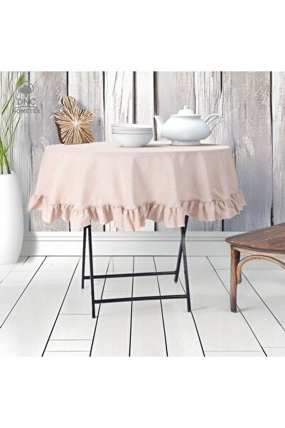 DNC home tekstil مفرش طاولة دائري من الكتان الفاخر باللون البيج مع كشكشة