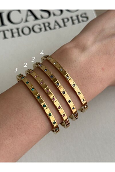 İREM YILDIZ Çelik Gold Renkli Taş Detaylı Kelepçe Bileklik