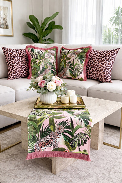 PELİNDEN Leopar Çiçekli Desen Saçaklı 5'li Kombin Kırlent Kılıfı ve Runner Seti