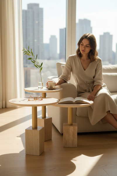 Akabesan Aksesuar Paris Serisi Modern Mermer Desenli Kayın Ağacından Krem Gol...