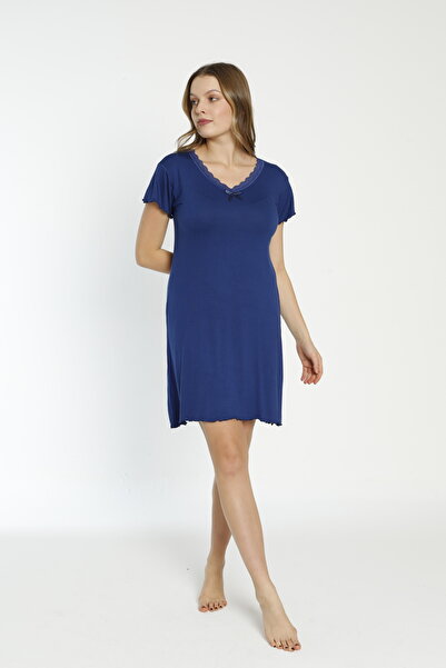 ERDENİZ TEKSTİL Kadın Dantel Detaylı Kısa Kollu Gecelik - Pamuklu Esnek Penye...