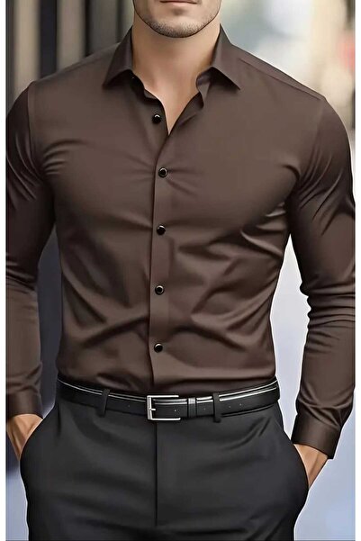 vahik Acı Kahve Pamuklu Saten Fit Kesim Gömlek