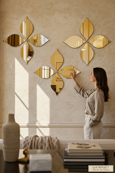 woodmomente Gold Pleksi Yaprak Desen Duvar Dekor Aynası 12’li Set Kendinden Y...