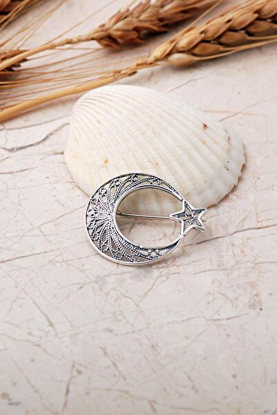 Sümer Telkari Ay Yıldız Telkari İşlemeli Elişi 925 Ayar Gümüş Broş 364