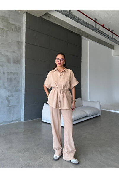 thelowely SET CĂMAȘĂ ȘI PANTALONI DIN IN CU TALIE STRÂNGĂTĂ