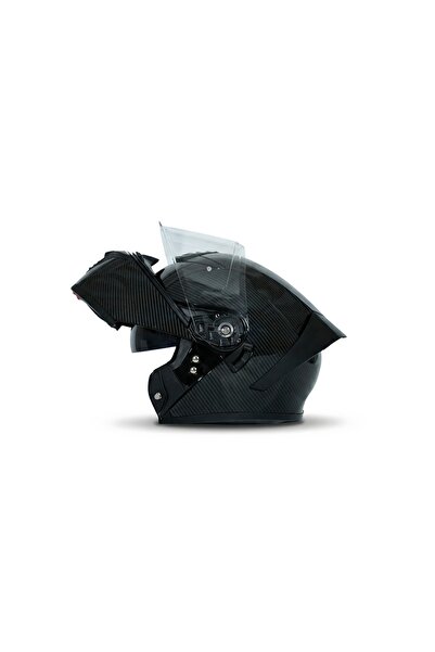 AUK ÇENE AÇILIR KASK, GÜNEŞ VIZÖRLÜ KARBON DESEN ECE BELGELi