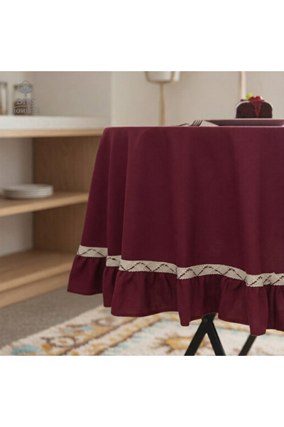 DNC home tekstil Premium Linen Burgundy Round Ruffled Special Series Tablecloth