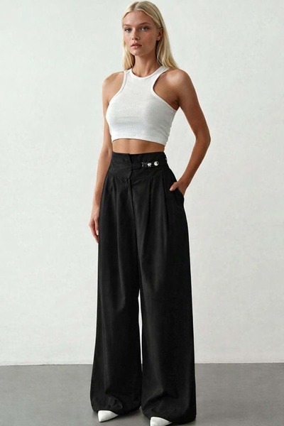 ibeeka Wide Leg Black Color High Waist Palazzo Pants Buckle Detail - Black - S