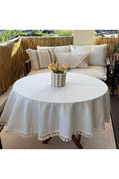 DNC HOMETEX مفرش طاولة دائري من الكتان الكريمي الفاخر مع زخرفة بوم بوم