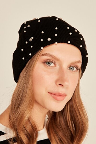 stravis Women's Beret with Pearl Detail – Black