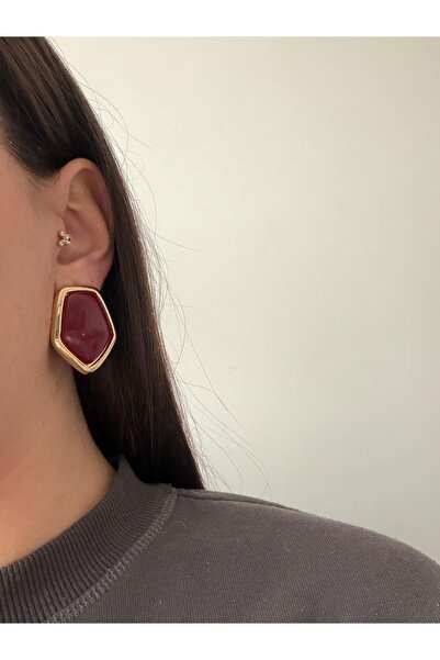 Charmist Steel Gold Detailed Burgundy Asim Earrings