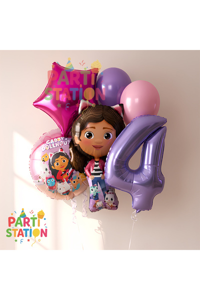 Parti Station Gabby Dollhouse Temalı 4 Yaş Doğum Günü Balon Süsleme Seti