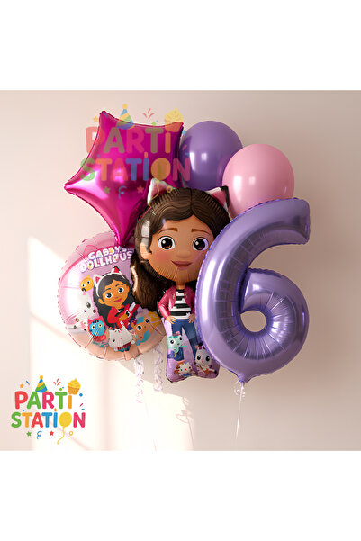 Parti Station Gabby Dollhouse Temalı 6 Yaş Doğum Günü Balon Süsleme Seti