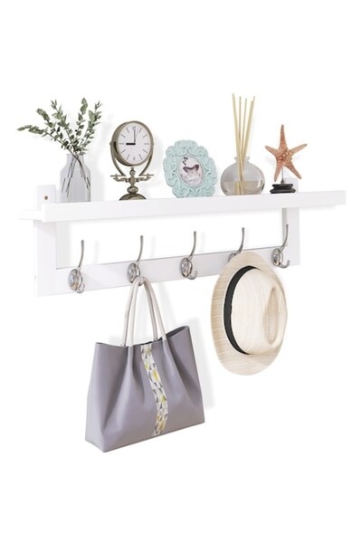 Smibuy Coat Rack with Shelf, Bamboo, 5 Double Hooks, White/Silver, 74x12cm
