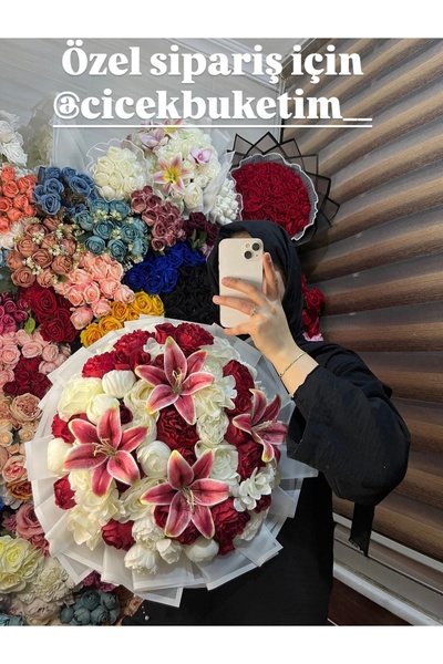 Çiçek Kırmızı Beyaz Gül ve Lilyumlu Büyük Gelin Buketi Şık Nişan Söz Özel Gün...