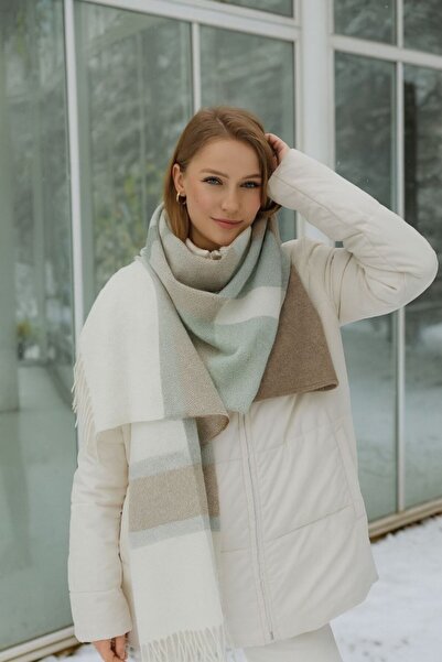 stravis Soft Textured Mixed Striped Mint - Brown Thick Shoulder Shawl Scarf