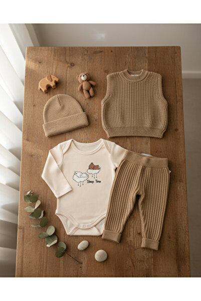Nimini Kids 100% Cotton Snap Detailed Bodysuit and Beanie Sweater Leggings Kn...