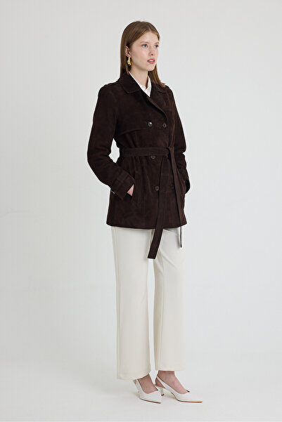 nero leather fur Brown Suede Women's Trench Coat