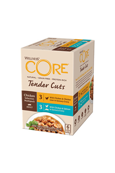 CORE أكياس متعددة للقطط: دجاج وكبد دجاج × 3، دجاج وسلمون × 3 في مرق، 6 × 85 غرام