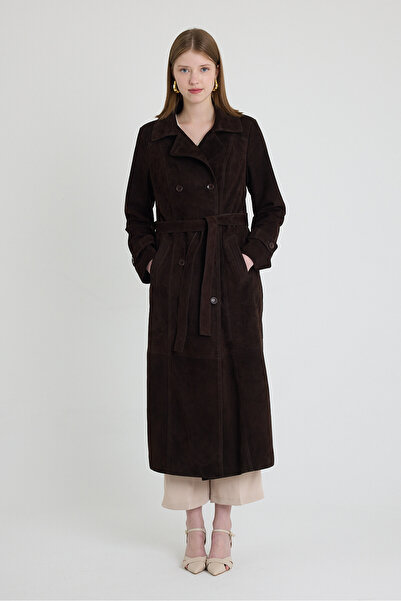 nero leather fur Brown Suede Long Women's Trench Coat