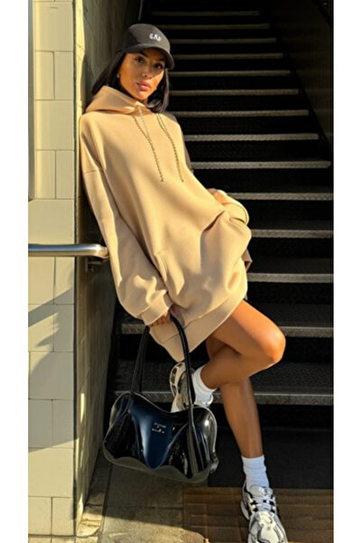 shop Tunik Boy Kapüşonlu Bej Sweat – Oversize Rahat Kesim Günlük Kullanım