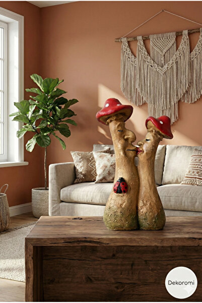 Dekoromi Dekoratif ve Hediyelik Öpüşen Sevgililer Mantar Çift Heykel Biblo (4...