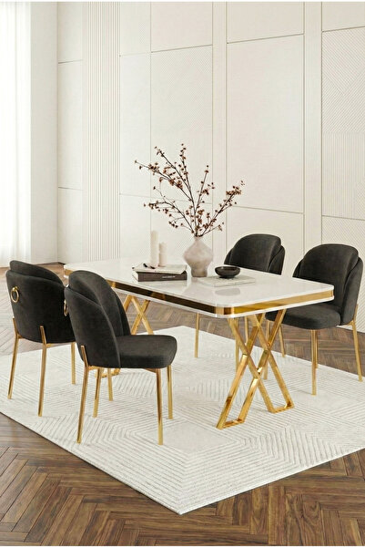 DEREN HOME Rigella Serisi 80x130 Beyaz Sabit Mdf Masa Metal Ayaklı 4 Adet San...