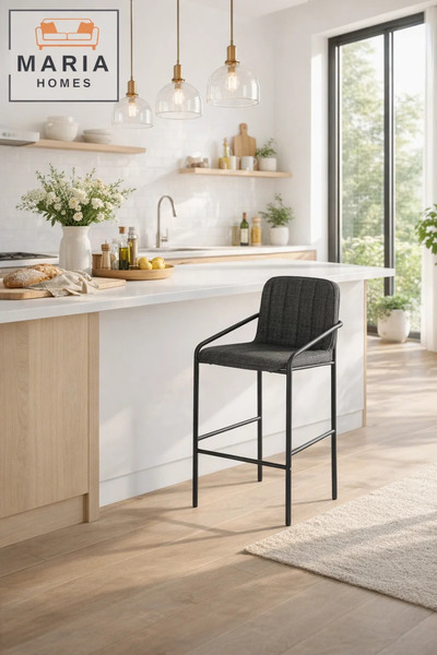 MARIA HOMES Deep Grey Upholstered Bar Stool with Black Metal Frame – Modern C...