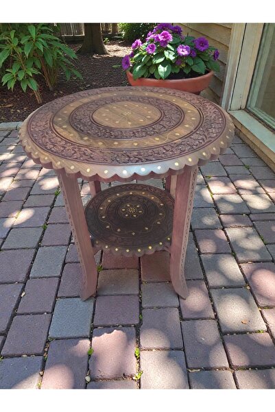 DNC Art&Deco El Oyması Masif Ahşap 2 Katlı Osmanlı Sehpa - Pirinç Kakmalı Ant...