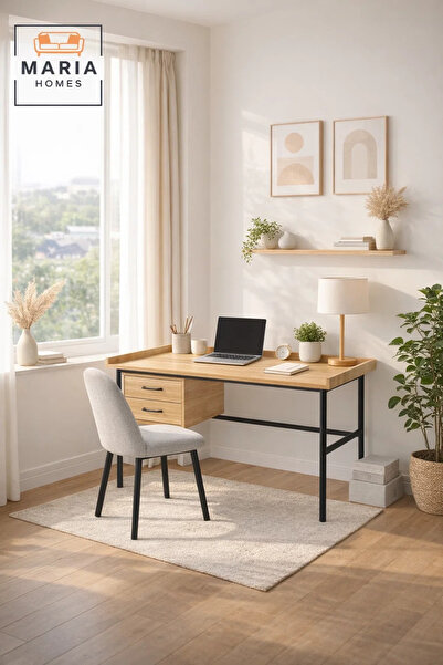 MARIA HOMES Light Wood Office Desk 120×60×79 cm – Modern Work Desk with Stora...
