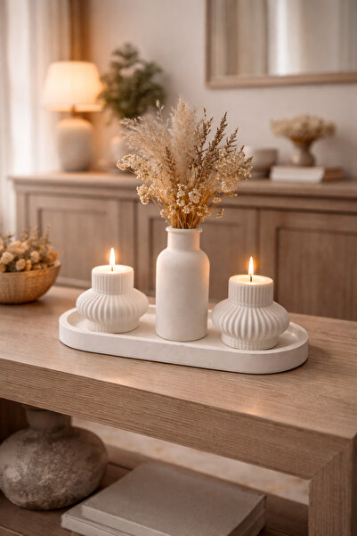 lufen deco Mermer Desenli Minimalist Beton Vazolu Mumluk Seti – Dekoratif Sal...