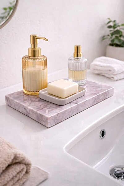 Marbello Leylak Mermer Dekoratif Tepsi 12x25 cm Dikdörtgen Vanity Tepsi Banyo...