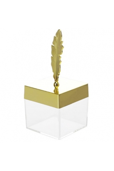 Decoratiuni Dulci Marturie Nunta Cutie patrata acrilica cu pana aurie, caseta...