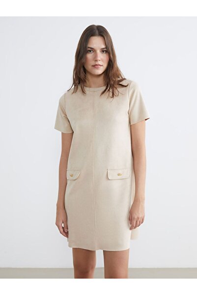 LC Waikiki Crew Neck Suede Look Dress