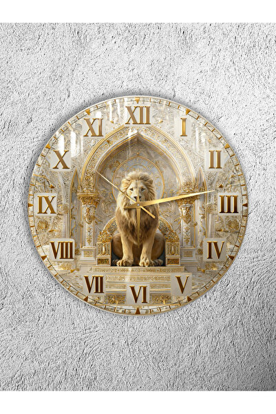 Olinpa Unbreakable Glass Wall Clock, Gold Palace Design with Lion Figure, Sui...