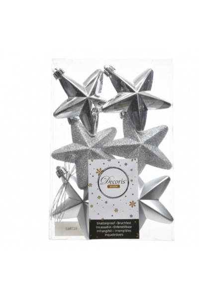 Decoratiuni Dulci Set of 6 silver star Christmas baubles shatterproof 7.5cm D...