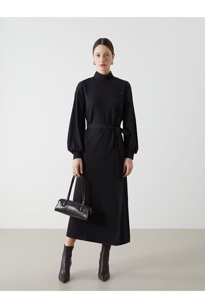 LC Waikiki Lcwaikiki Classic Black High-Neck Textured Dress