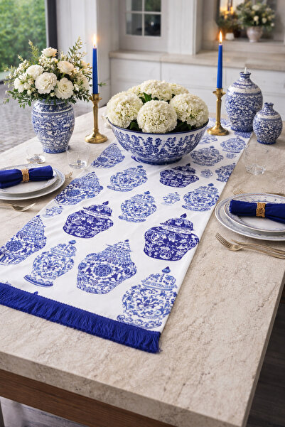 PELİNDEN Blue Blanc Serisi Saks Saçaklı Runner