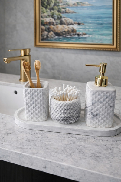 lufen deco طقم حمام خرساني منقوش بالرخام مكون من 4 قطع، إكسسوارات ديكورية، صي...