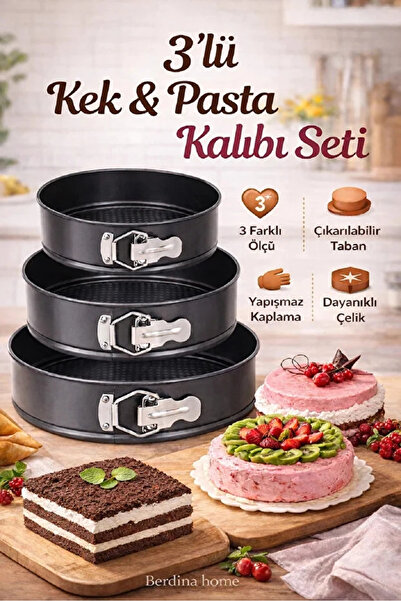 Tilbe Home 3’lü Kelepçeli Kek Kalıbı Seti – Çıkarılabilir Tabanlı, Yapışmaz K...